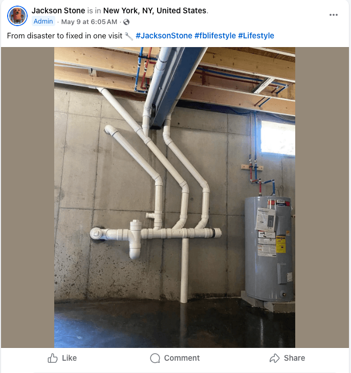 A short, low-detail plumbing social post example